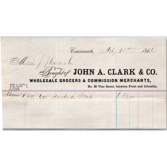 John A. Clark & Co. Grocer Cincinnati 1866 Billhead VGC Scarce