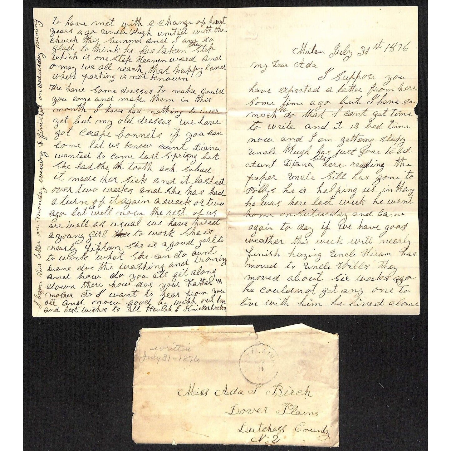 1876 ALS Correspondence Letter to Ada Birch Dover Plains, NY