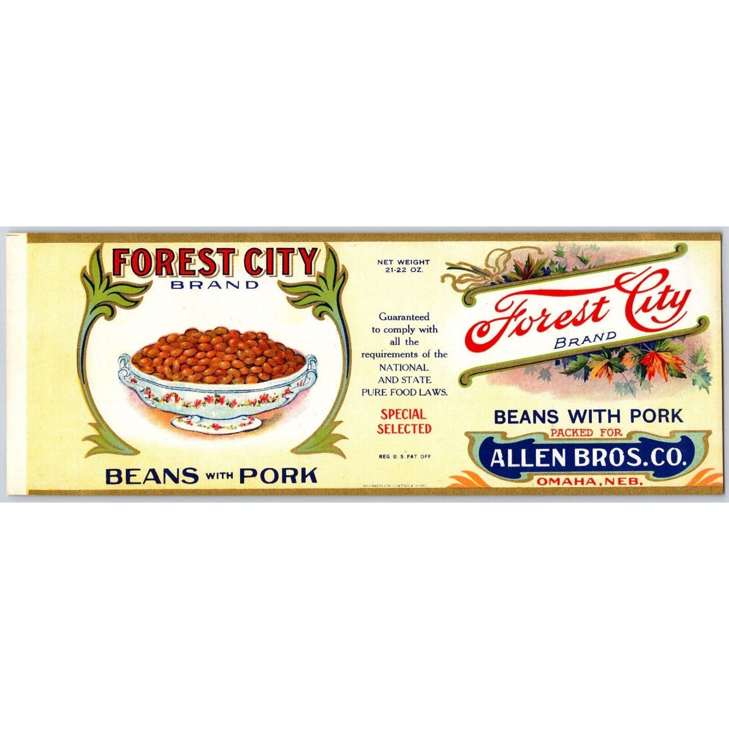 Beans with Pork Forest City Allen Bros. Omaha, NE Paper Can Label c1925-35 VGC
