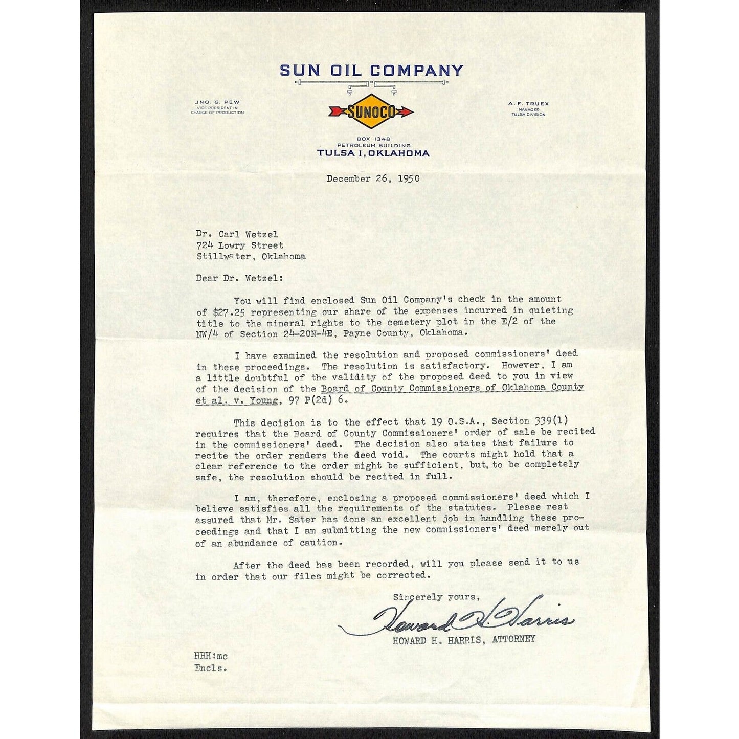 1950 Sun Oil / Sunoco Tulsa, OK Letterhead re: Mineral Rights on Burial Plot
