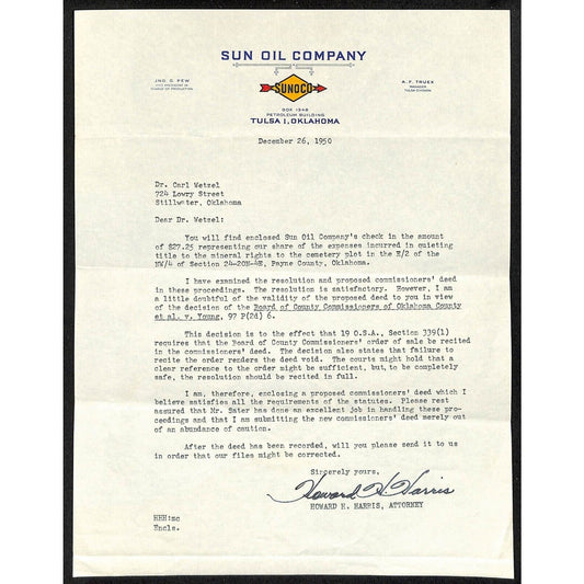 1950 Sun Oil / Sunoco Tulsa, OK Letterhead re: Mineral Rights on Burial Plot