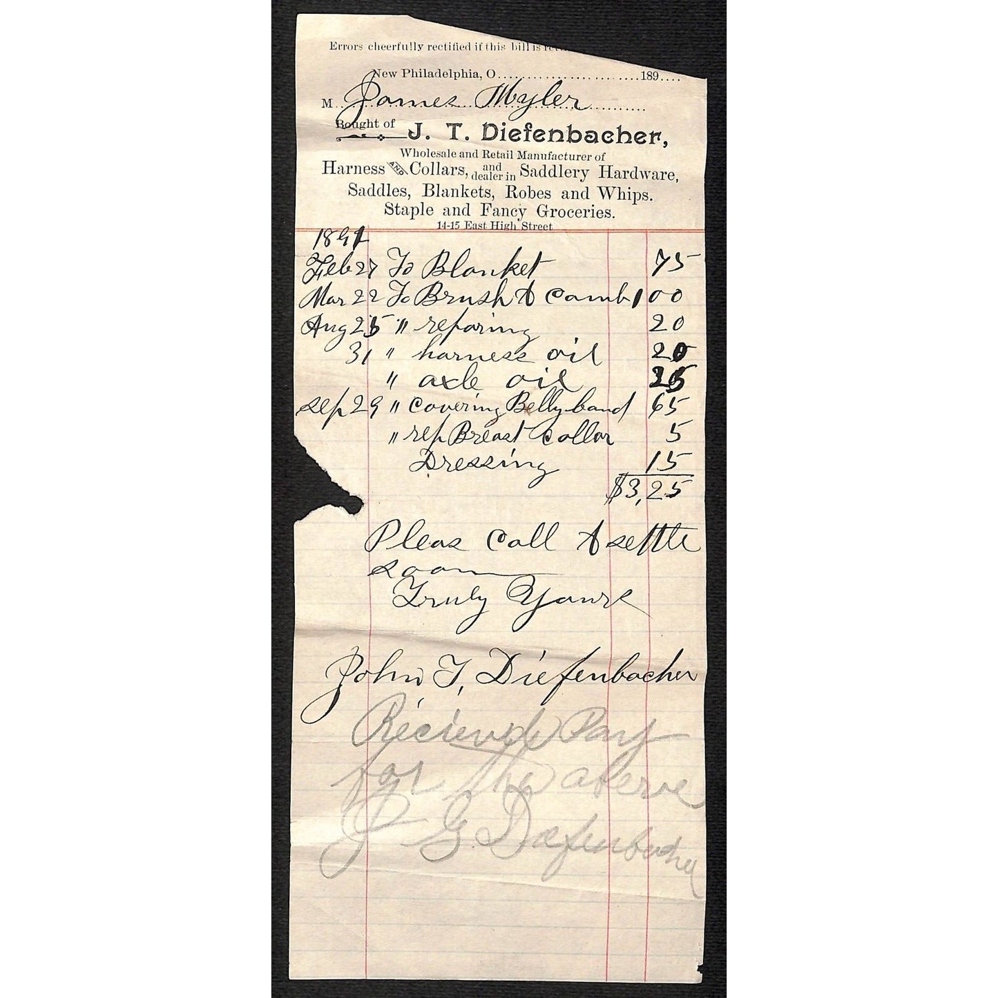 J.T. Diefenbacher Saddlery New Philadelphia, OH 1891 Signed Receipt Scarce