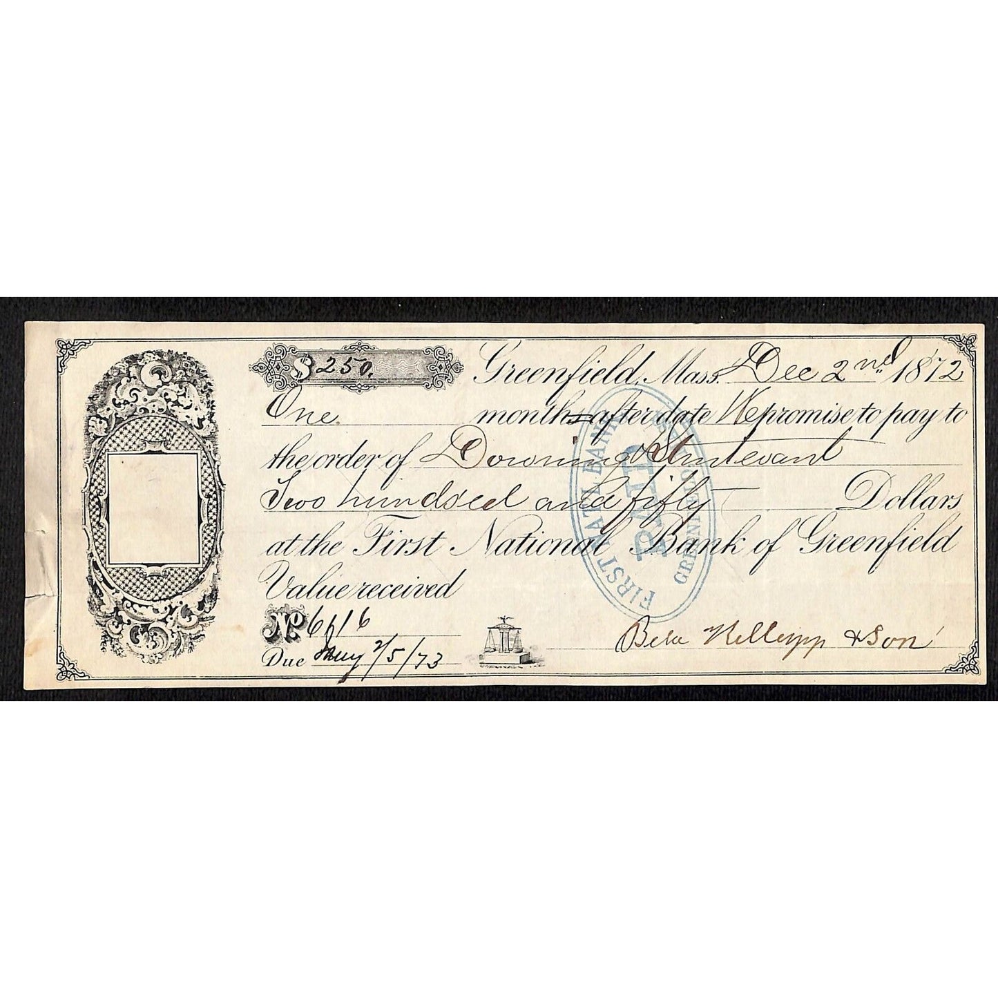 1872 First National Bank of Greenfield, MA $250 Promissory Note
