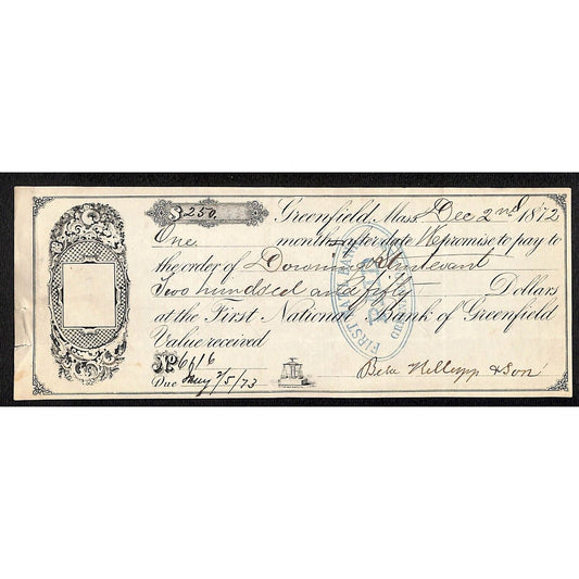 1872 First National Bank of Greenfield, MA $250 Promissory Note