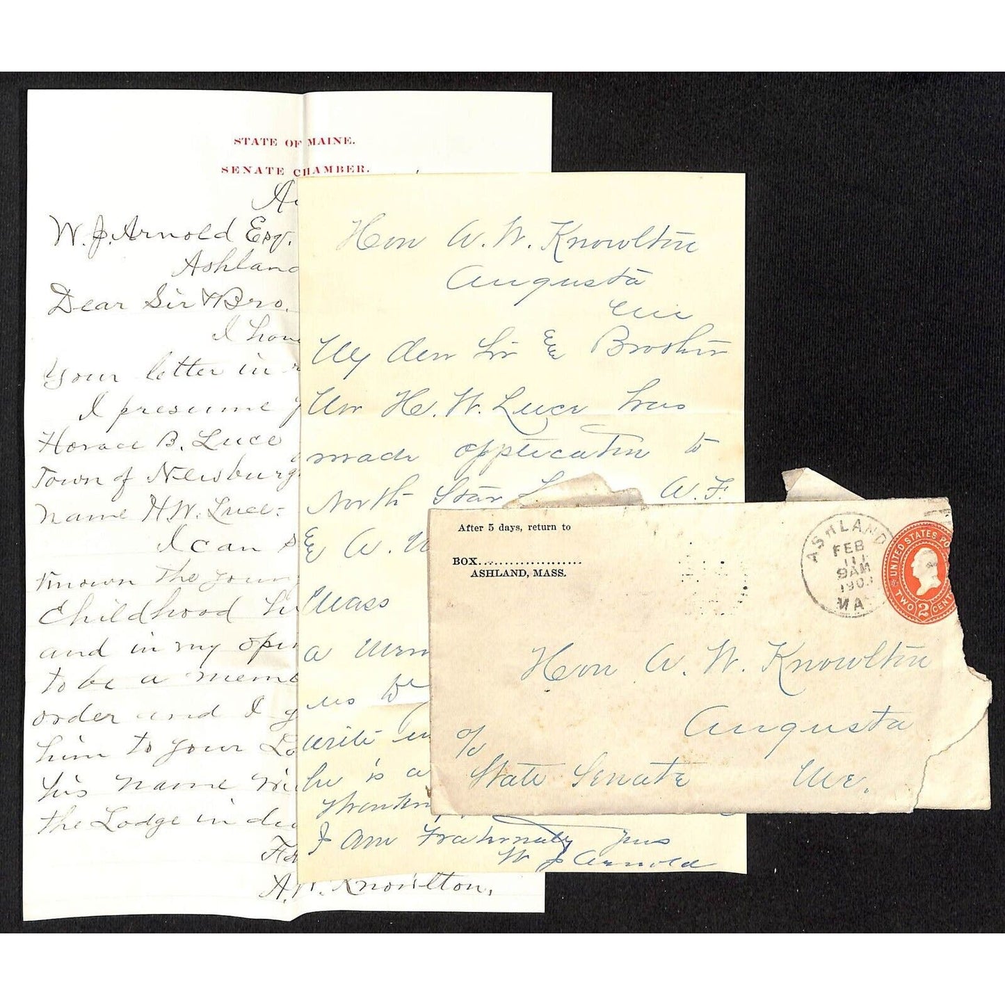 2 1903 ALS - One on State of Maine Senate Chamber Stationary + Cover Knowlton*