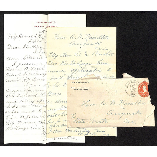 2 1903 ALS - One on State of Maine Senate Chamber Stationary + Cover Knowlton*