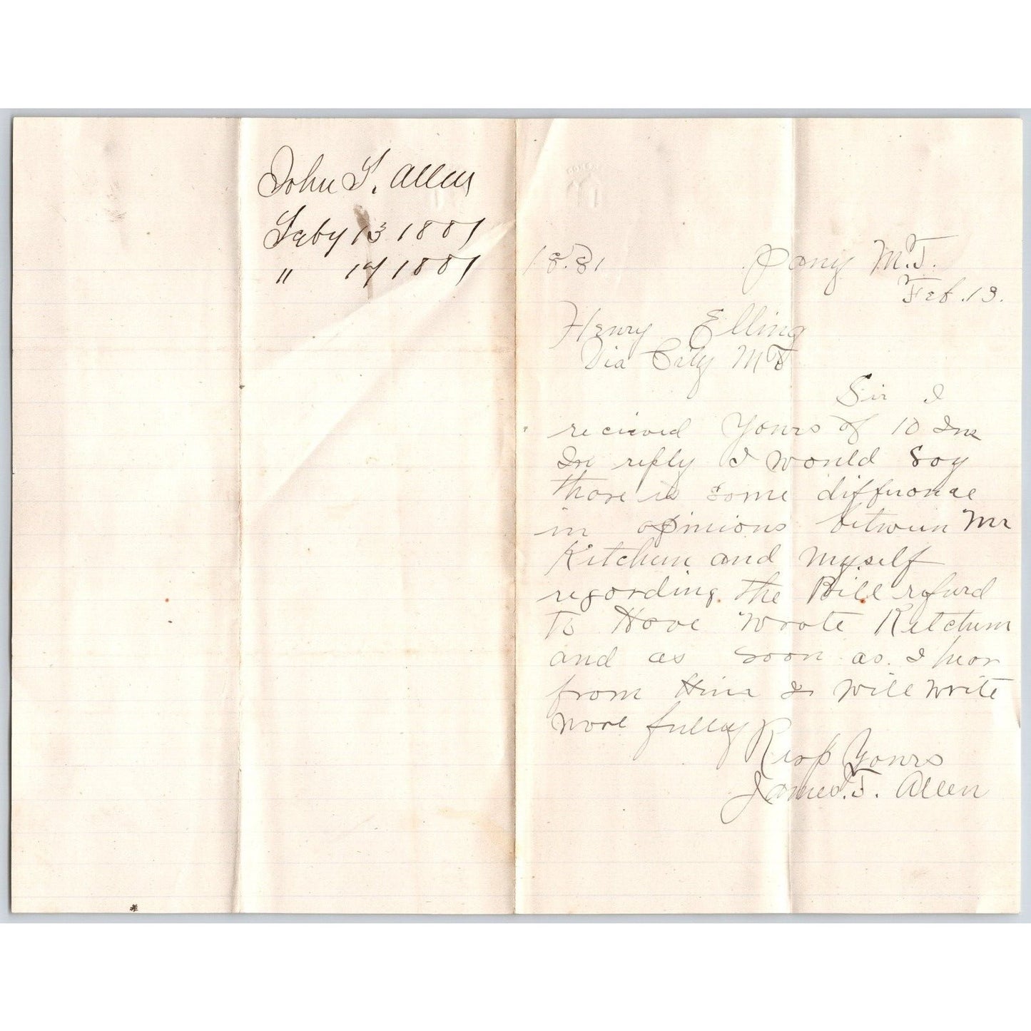 1881 ALS from John Allen ? of Pony, MT to Henry Elling*Virginia City re: Payment