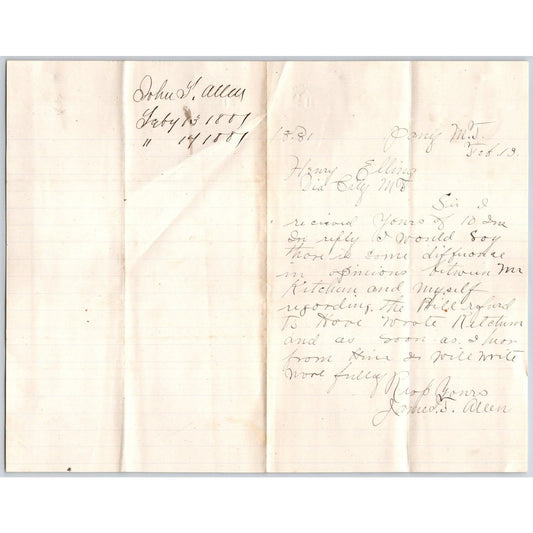 1881 ALS from John Allen ? of Pony, MT to Henry Elling*Virginia City re: Payment