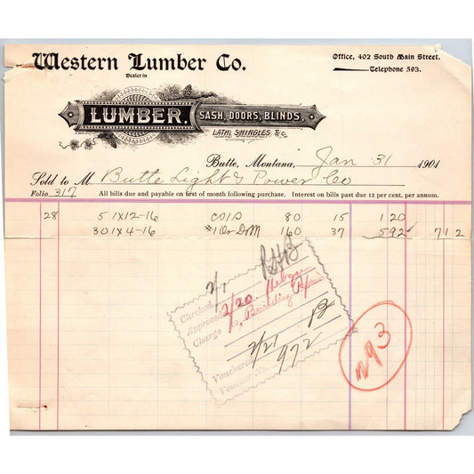 Butte, MT Western Lumber Co. 1901 Billhead to Butte Light & Power 1x4x16 1x12x16