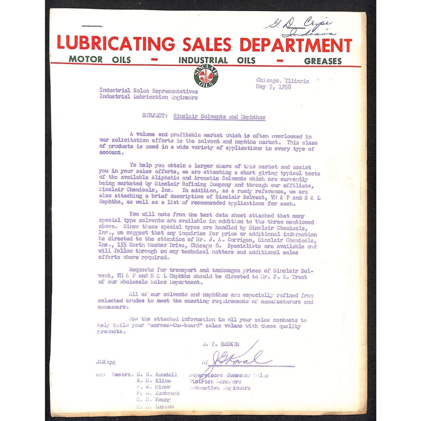 Sinclair Oils 1958 Letterhead + 3pp & "Sinclair Solvents Typical Tests Chart