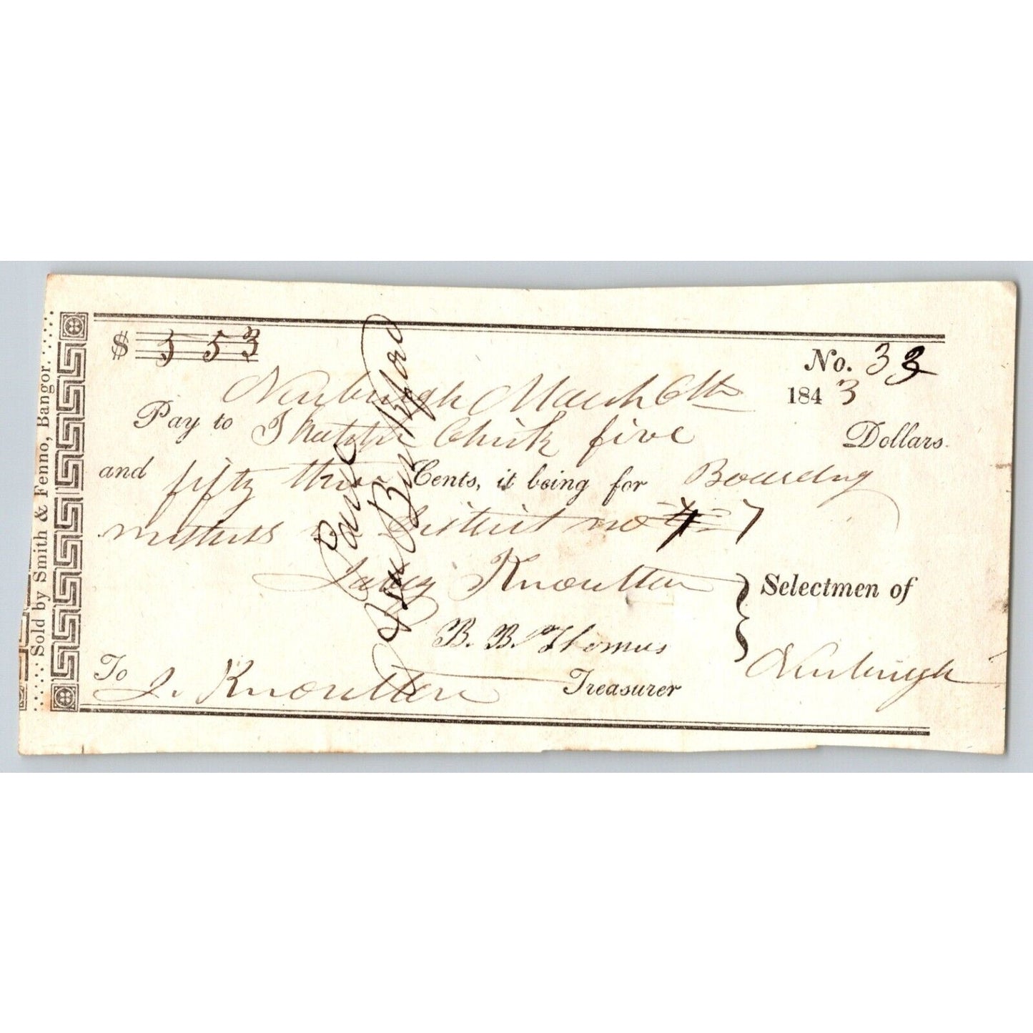 1843 Jabez Knowlton* Newburgh, ME - Town Check / Draft for "Boarding" No. 33