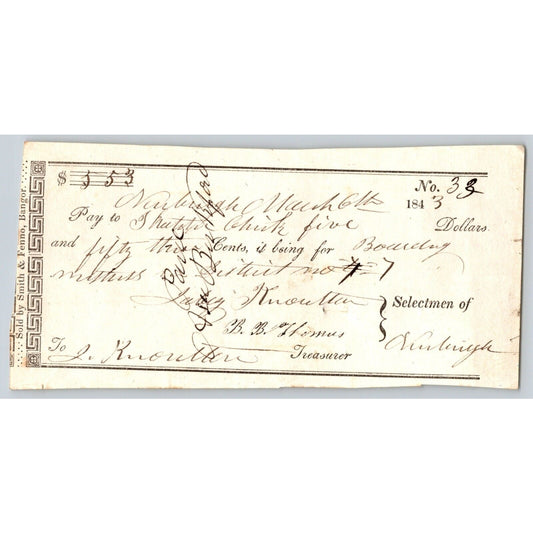 1843 Jabez Knowlton* Newburgh, ME - Town Check / Draft for "Boarding" No. 33