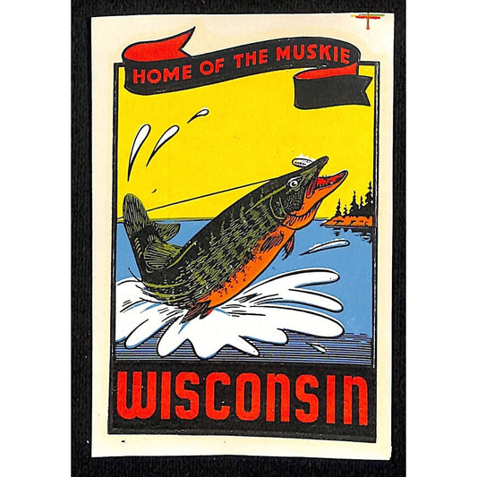 Wisconsin Muskie Fishing Water Transfer Decal Travel Souvenir c1950's