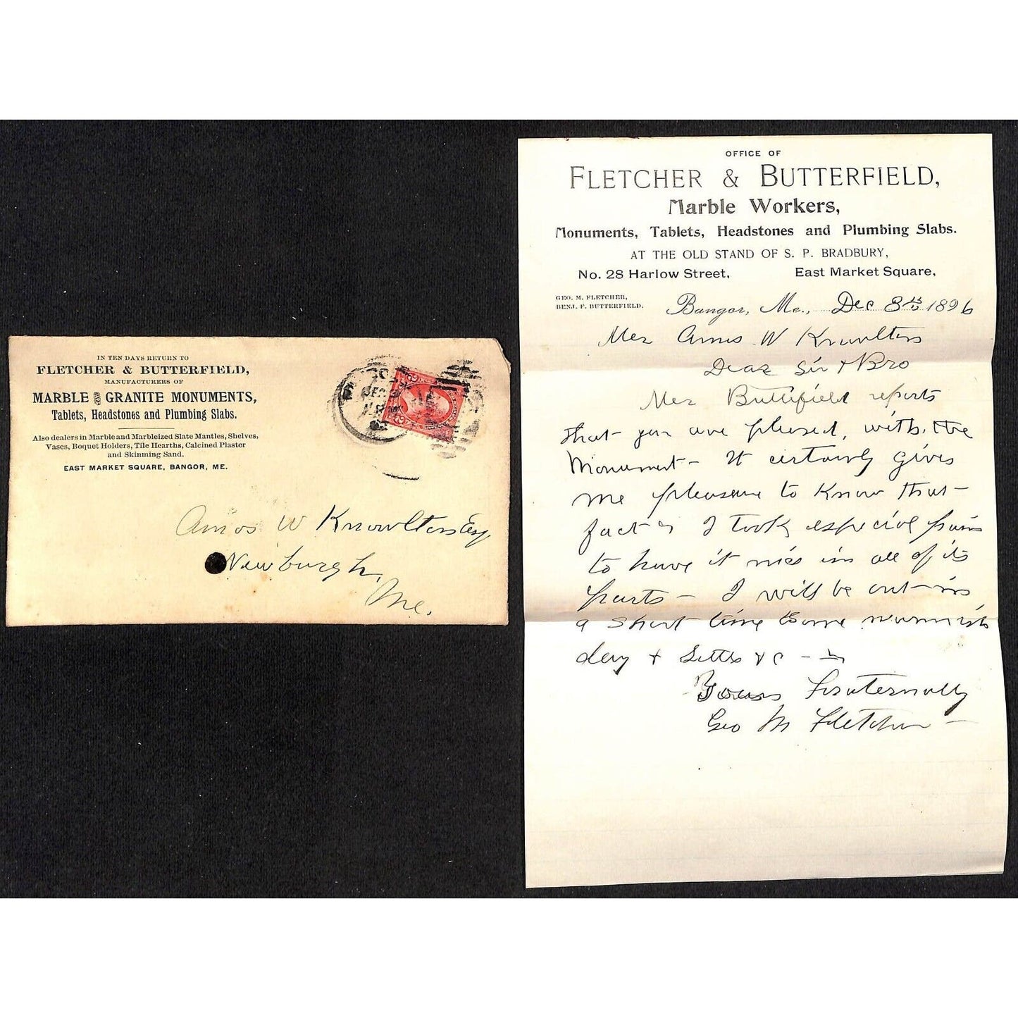 Bangor, ME Fletcher & Butterfield Marble Granite 1896 Letterhead & Cover