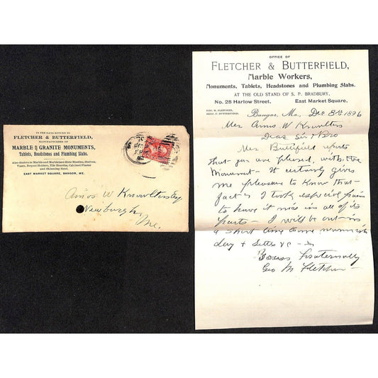 Bangor, ME Fletcher & Butterfield Marble Granite 1896 Letterhead & Cover