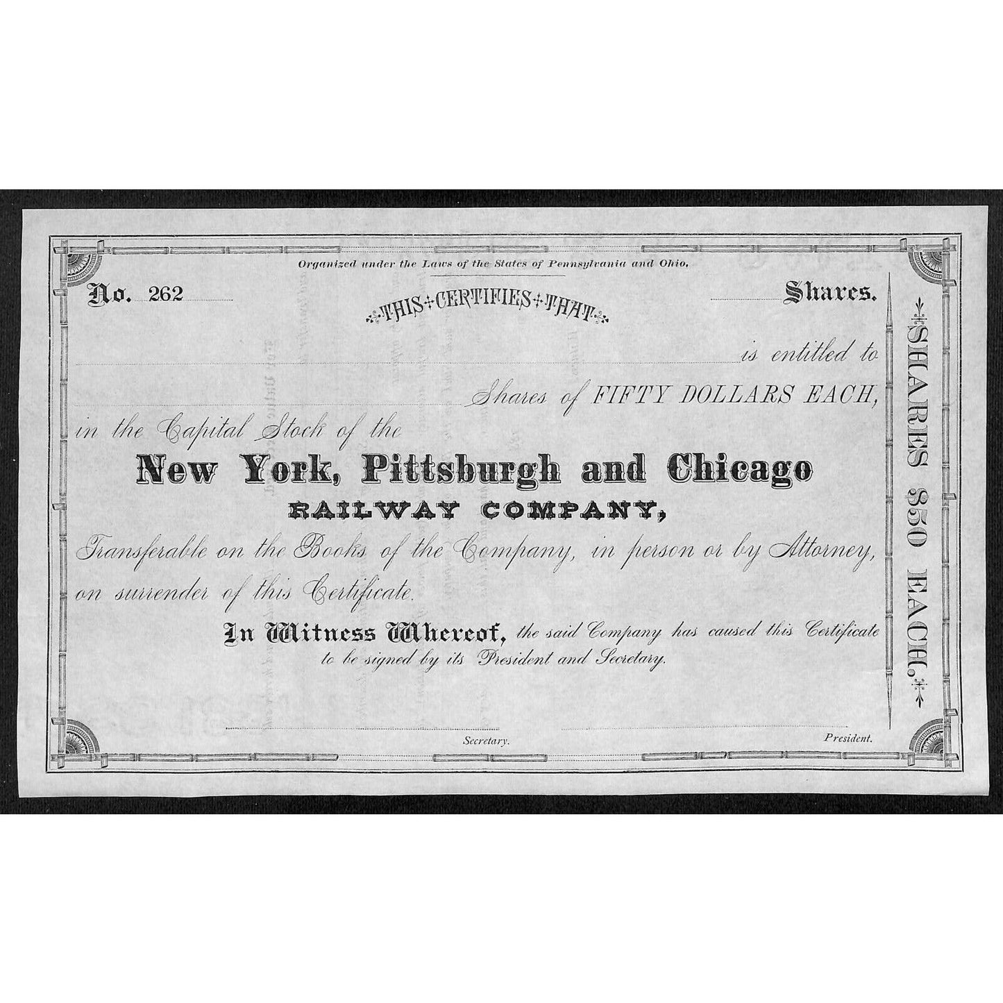 New York, Pittsburgh and Chicago Railway 188x Stock Certificate - Unissued VGC