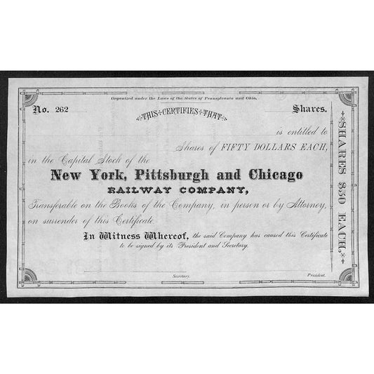New York, Pittsburgh and Chicago Railway 188x Stock Certificate - Unissued VGC