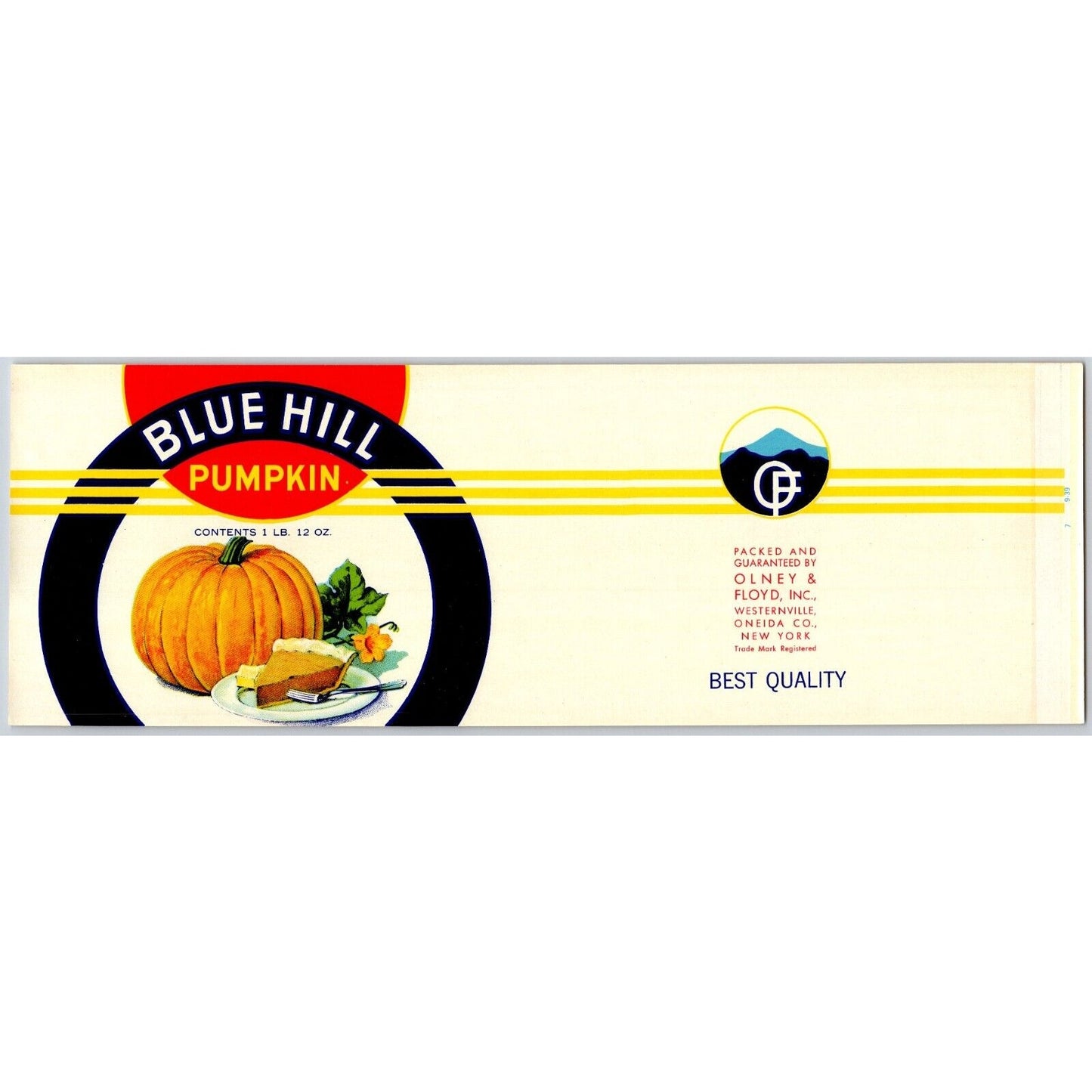 Blue Hill Pumpkin Paper Can Label Olney & Floyd Westernville, NY c1939 VGC