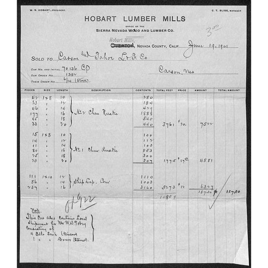 Hobart Lumber Mills Overton / Hobart Mills, CA* 1901 Letterhead VGC