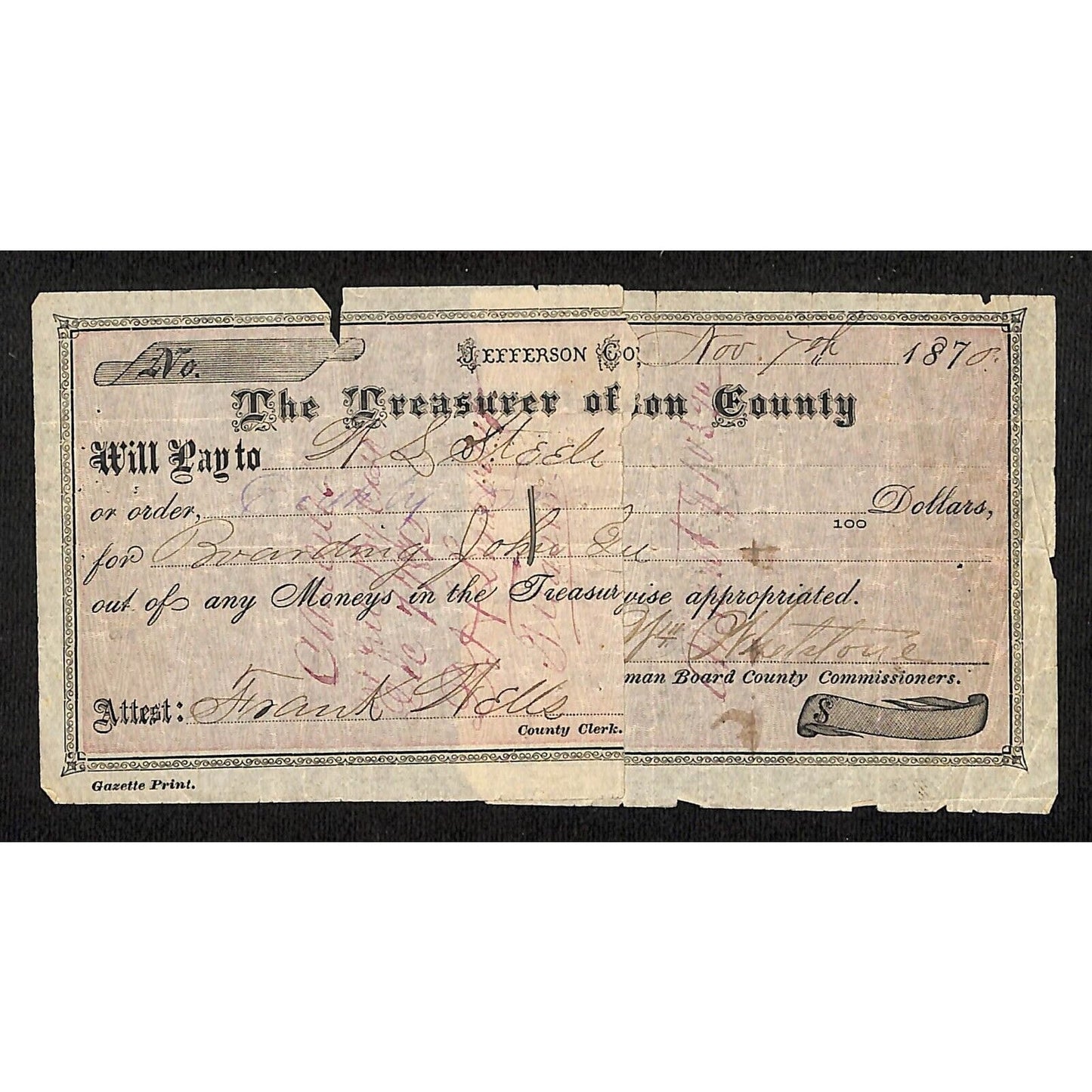 1870 Treasurer of Jefferson County Montana Territory Treasury w/ Damage
