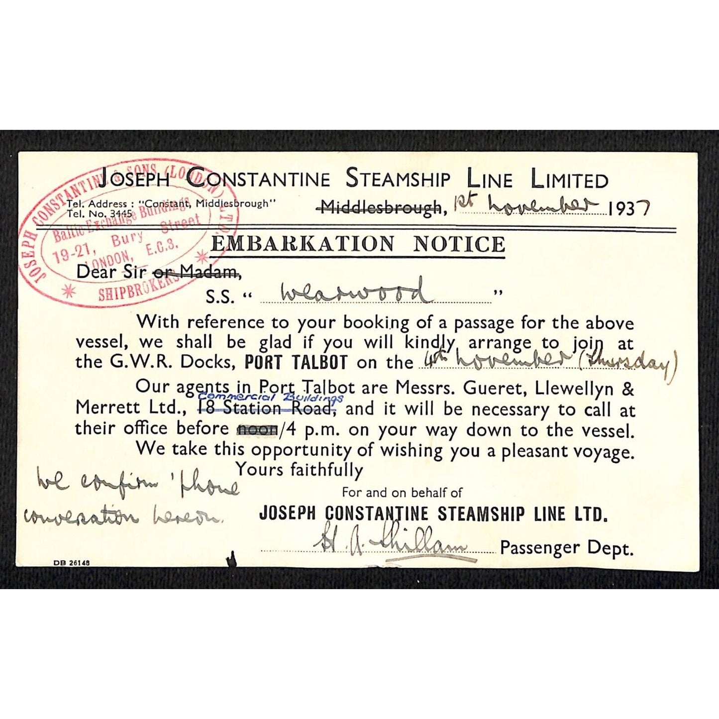 Constantine Line 1937 Ocean Liner Trip Embarkation Notice Postcard Scarce