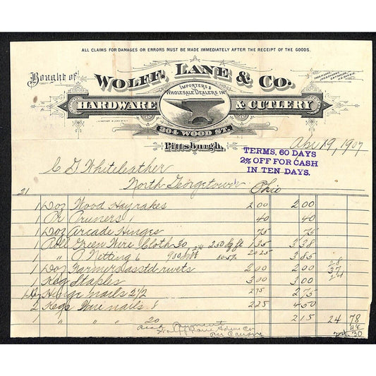 Wolff, Lane & Co. Hardware Pitts. 1907 Billhead Whiteleather* N. Georgetown OH