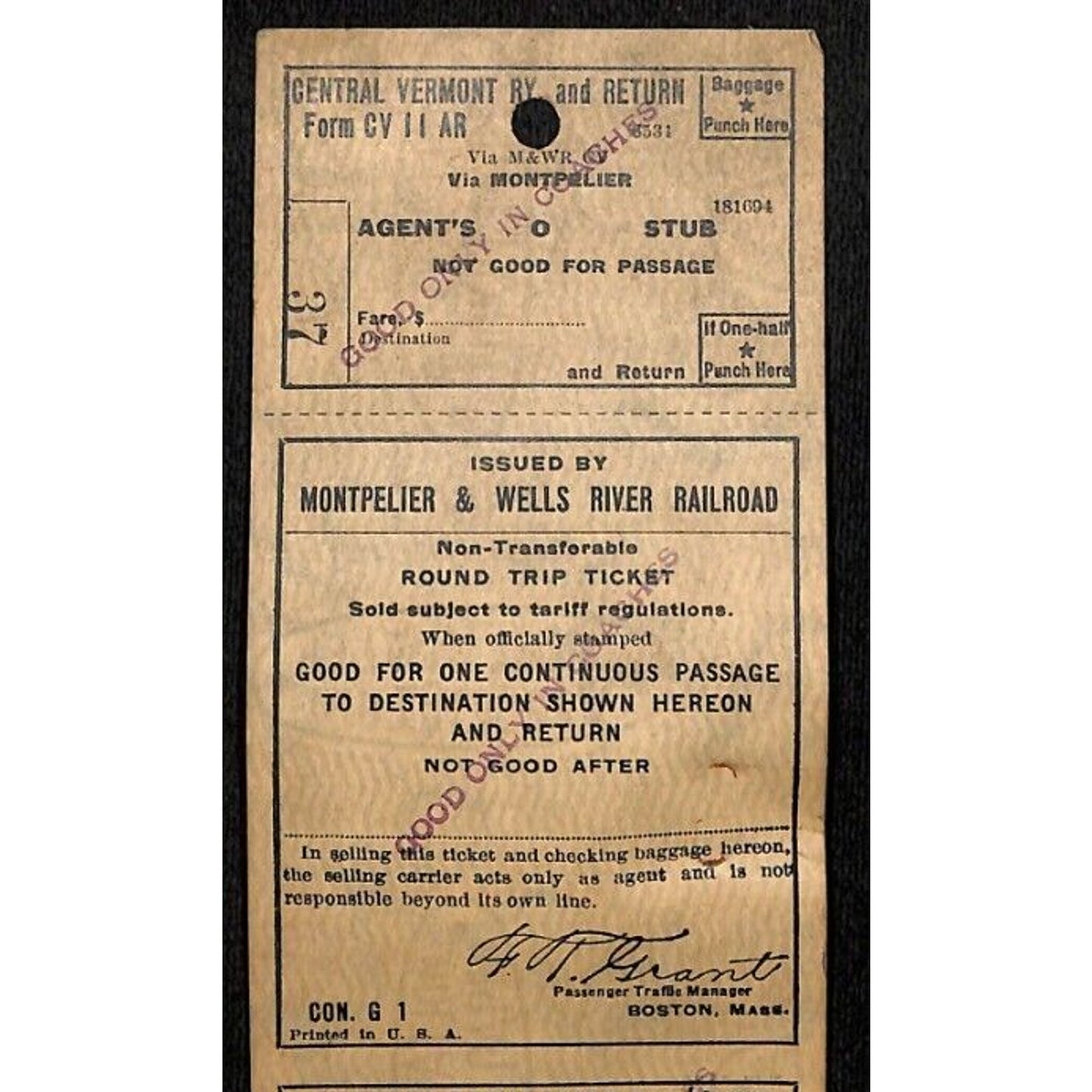 Montpelier and Wells River Railroad Unused Round Trip Ticket Scarce c1941 #37