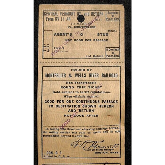 Montpelier and Wells River Railroad Unused Round Trip Ticket Scarce c1941 #37