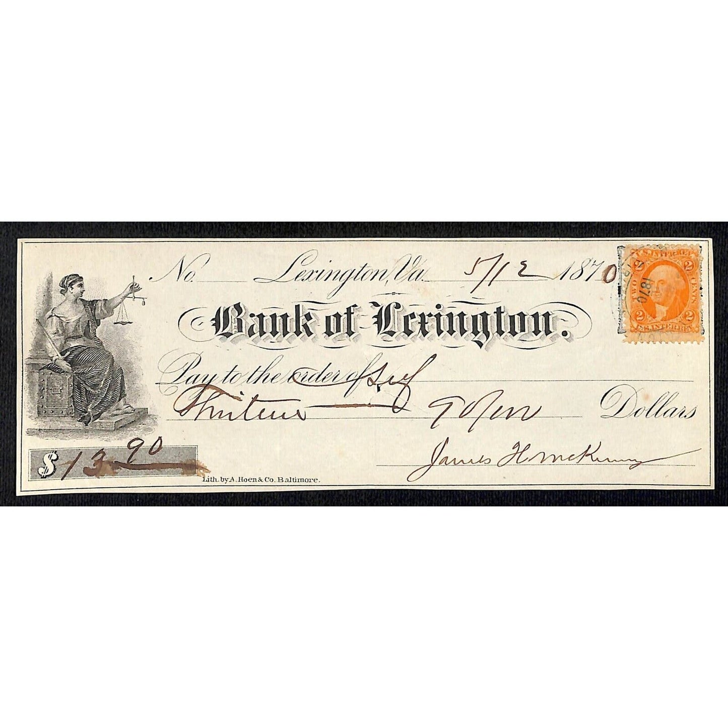 Bank of Lexington VA 1870 $13.90 Bank Check w/ Tax Stamp Vignette