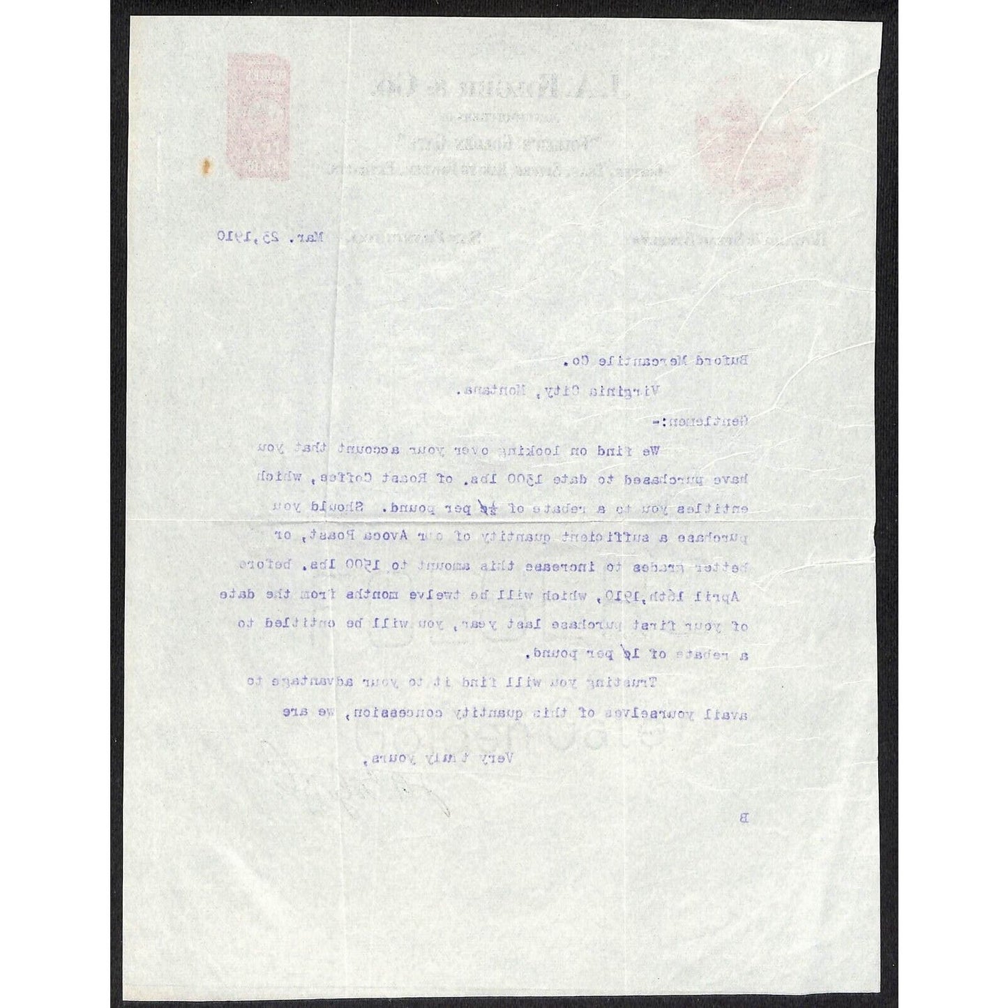 J. A. Folger Coffee 1910 Letterhead to Buford* re: 1,300 lbs. of Roasted Coffee