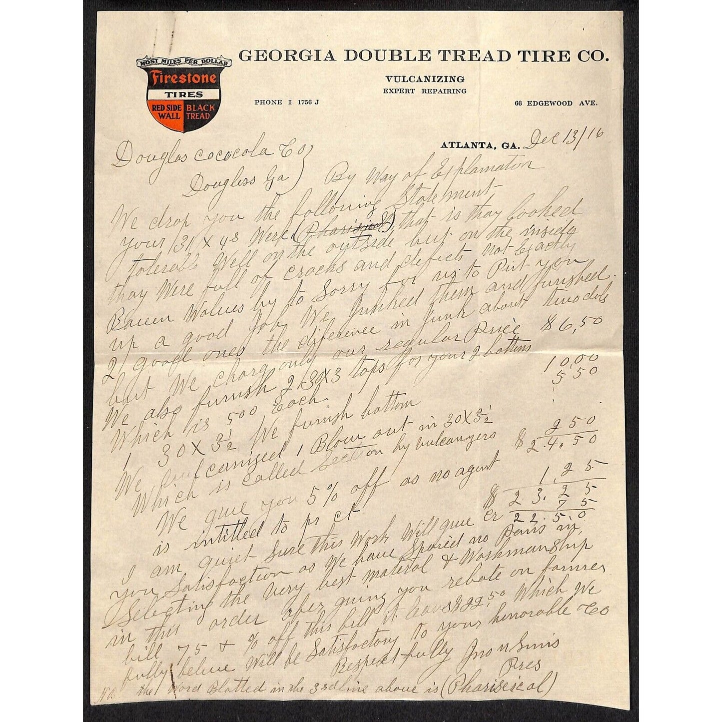 Firestone Tires / Georgia Double Thread Tire Co. Atlanta 1916 ALS Letterhead