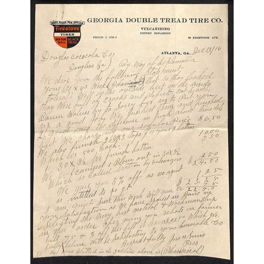 Firestone Tires / Georgia Double Thread Tire Co. Atlanta 1916 ALS Letterhead