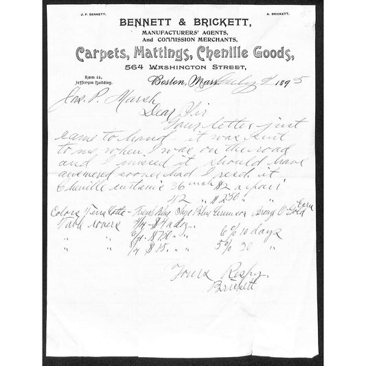 Bennett & Brickett Boston Carpets Chenille 1895 Billhead to J.P. Marsh Bethel VT