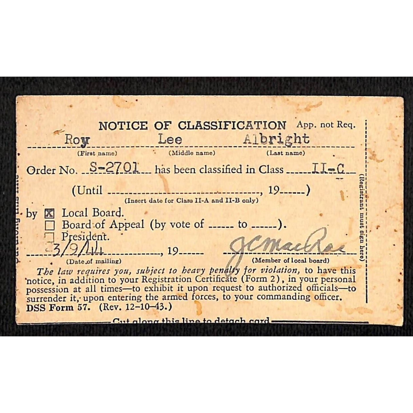 1944 WWII Draft "Notice of Classification" Return Card Fayetteville, NC