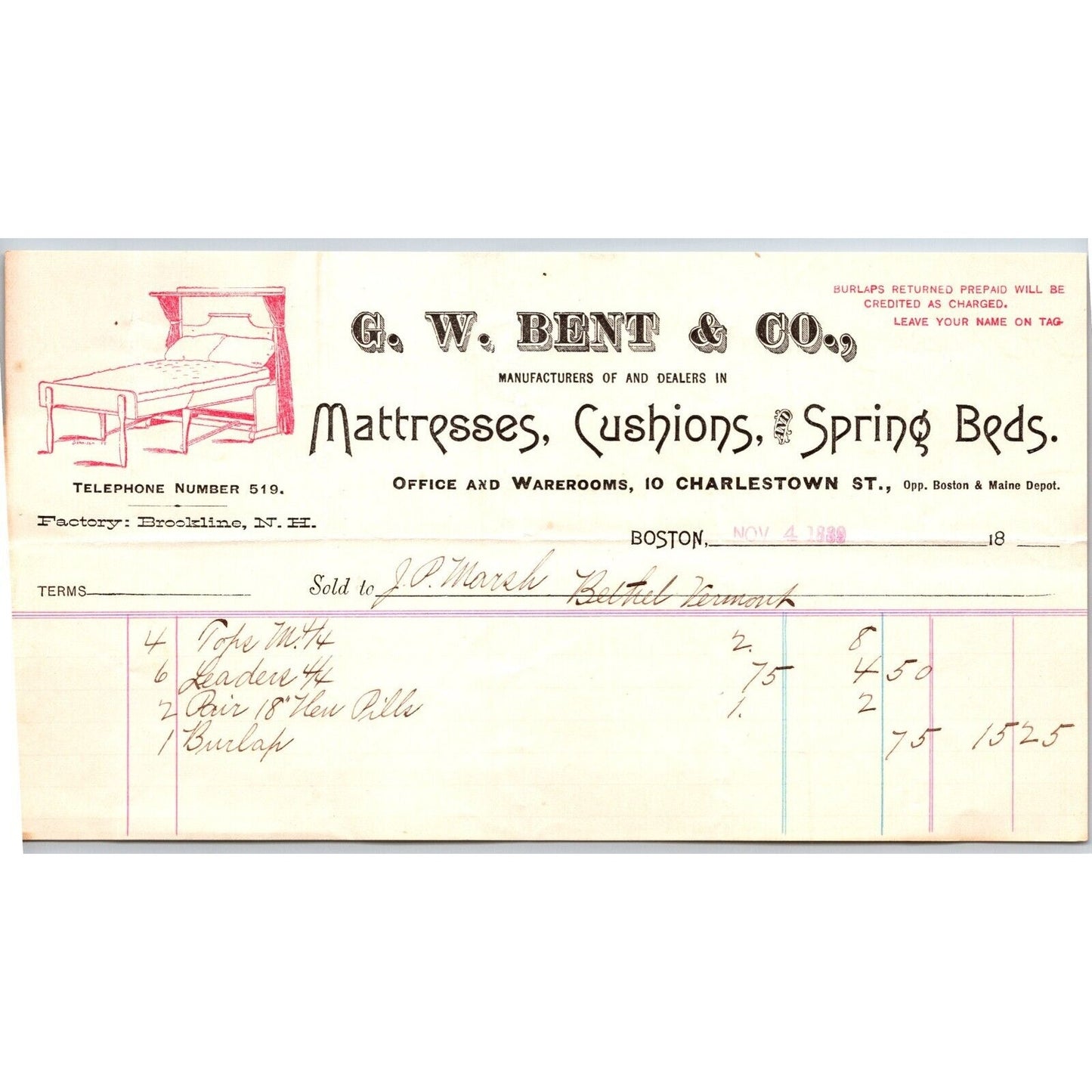 G.W. Bent Mattresses Cushions Spring Beds Boston 1889 Billhead w/ Vignette