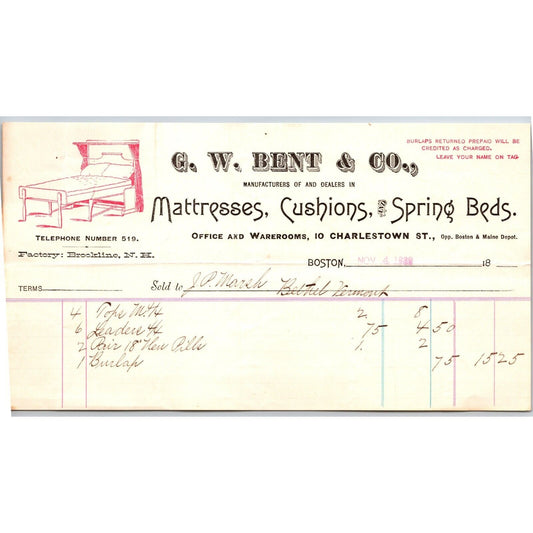 G.W. Bent Mattresses Cushions Spring Beds Boston 1889 Billhead w/ Vignette