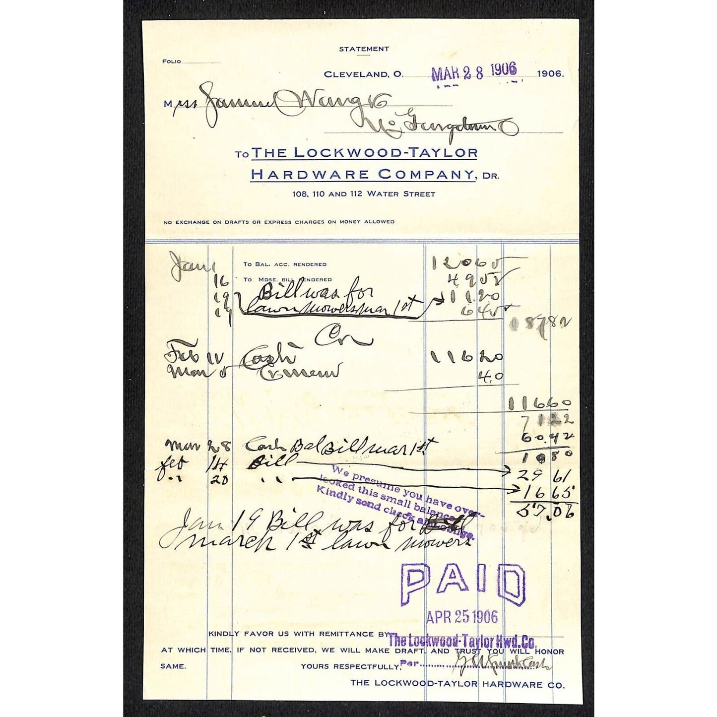 Lockwood-Taylor Hardware Co. Samuel Wang Co* N. Georgetown 1906 Billhead & Cover