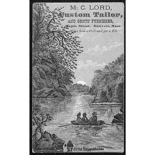 M.C. Lord Tailor Danvers MA Victorian Trade Card Couple Rowed on The Susquehanna