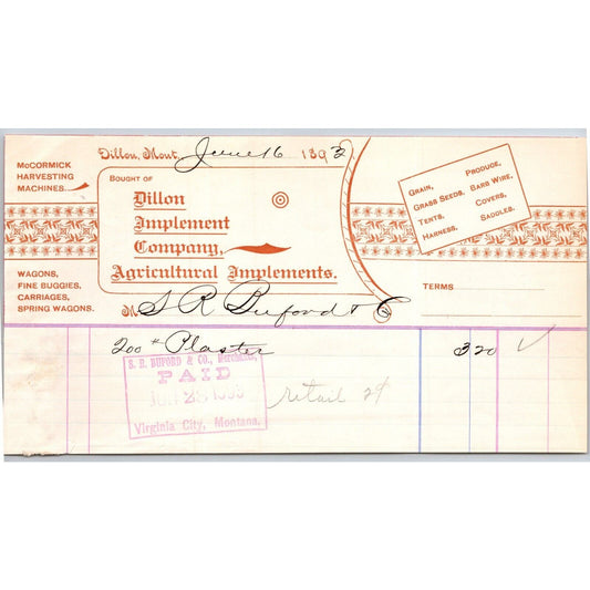 Dillon, MT Dillon Implement 1893 McCormick Billhead S.R. Buford* Virginia City