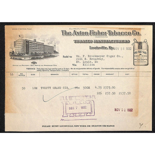 Louisville, KY The Axton-Fisher Tobacco Co. "Old Hill Side" 11/28 1932 Billhead