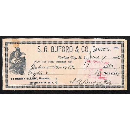1888 Henry Elling Virginia City Montana Territory S.R. Buford Grocers Check #174
