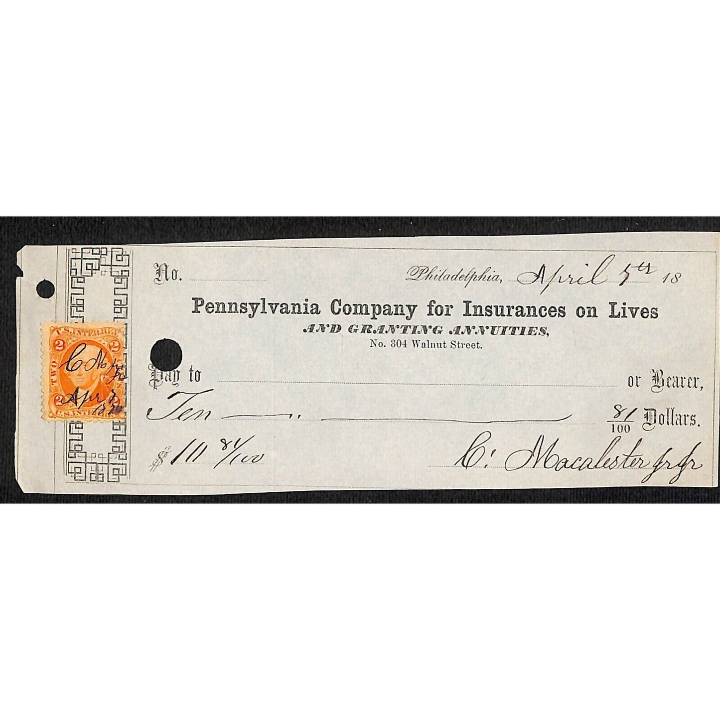 1870's Pennsylvania Company for Insurances on Lives w/ Rev Stamp $111.81