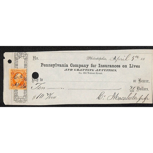 1870's Pennsylvania Company for Insurances on Lives w/ Rev Stamp $111.81