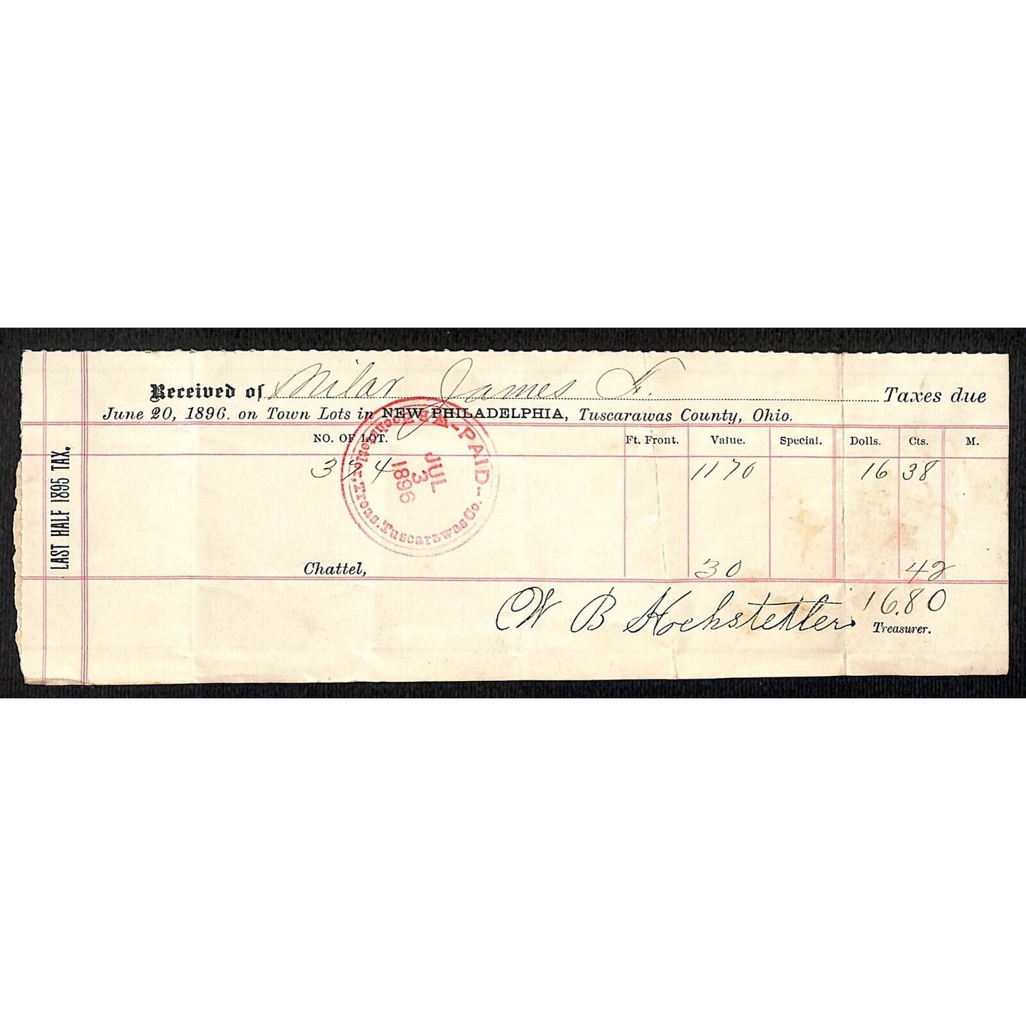James Milar New Philadelphia, OH 1896 Property Tax Receipt