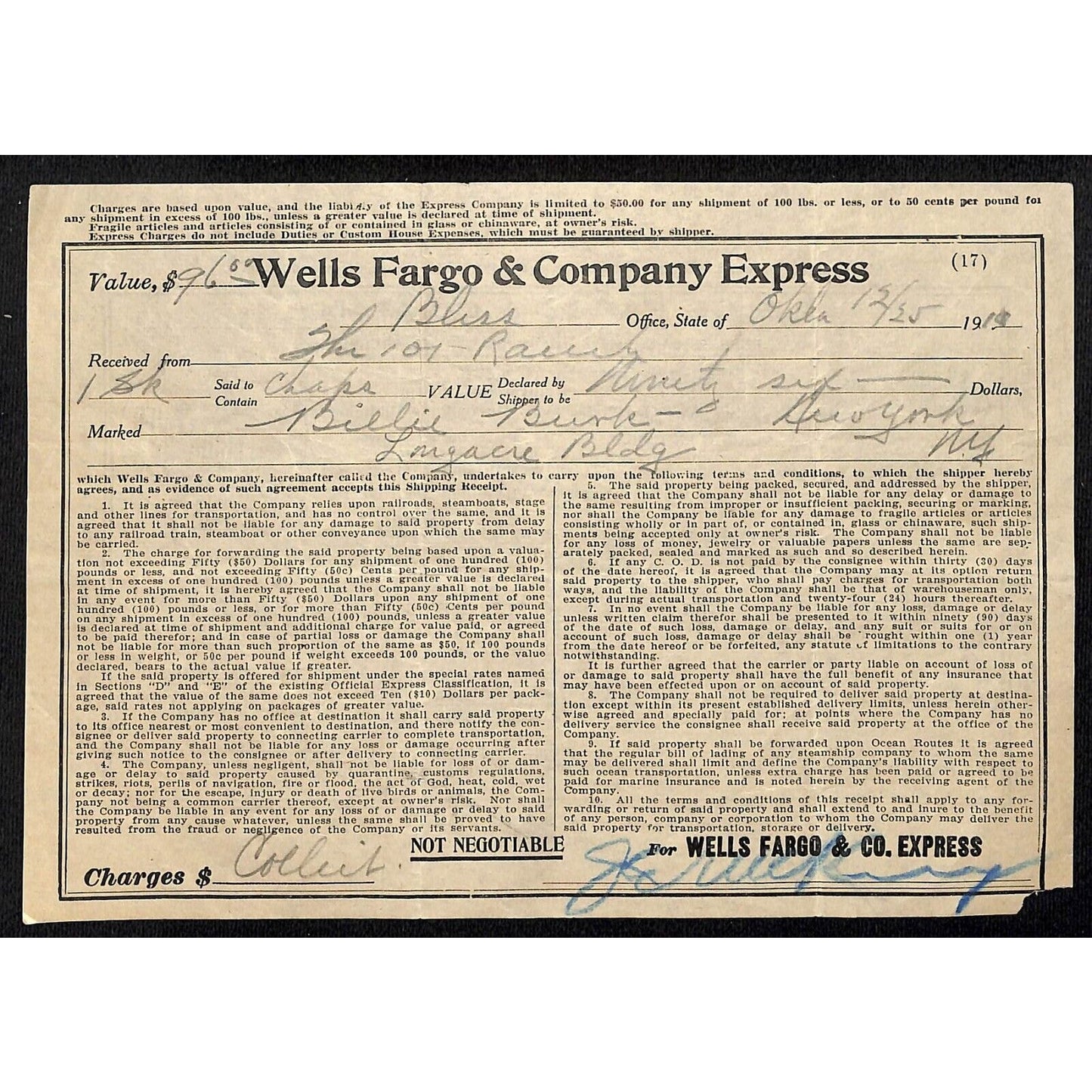 Wells Fargo Express 1910 Waybill Receipt for Chaps Shipped From OK to New York