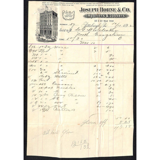 Joseph Horne & Co. Pittsburgh 1892 Billhead Whiteleather* N. Georgetown OH