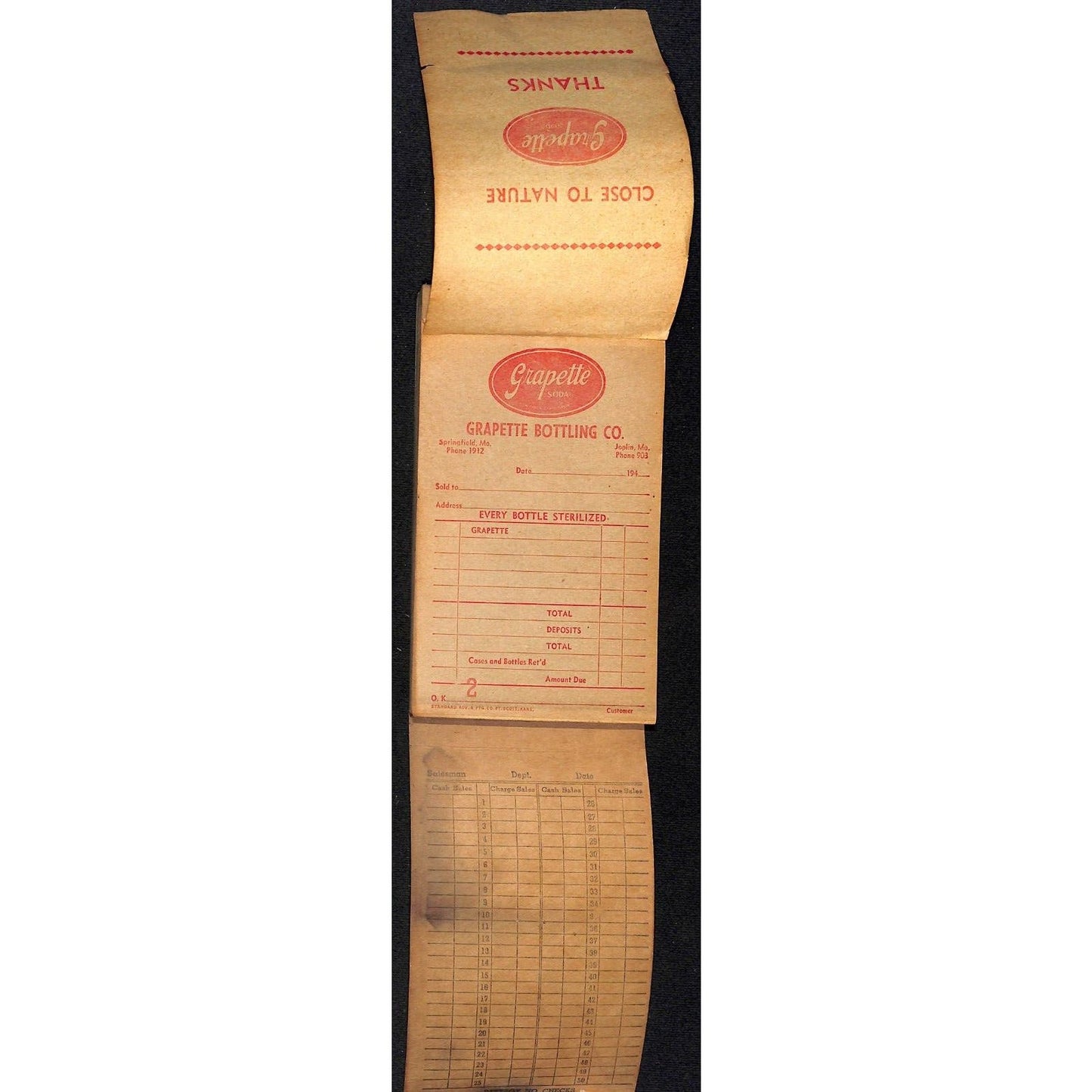 Grapette Bottling Co. Springfield / Joplin, MO 50 1940's Sheet Receipt Pad