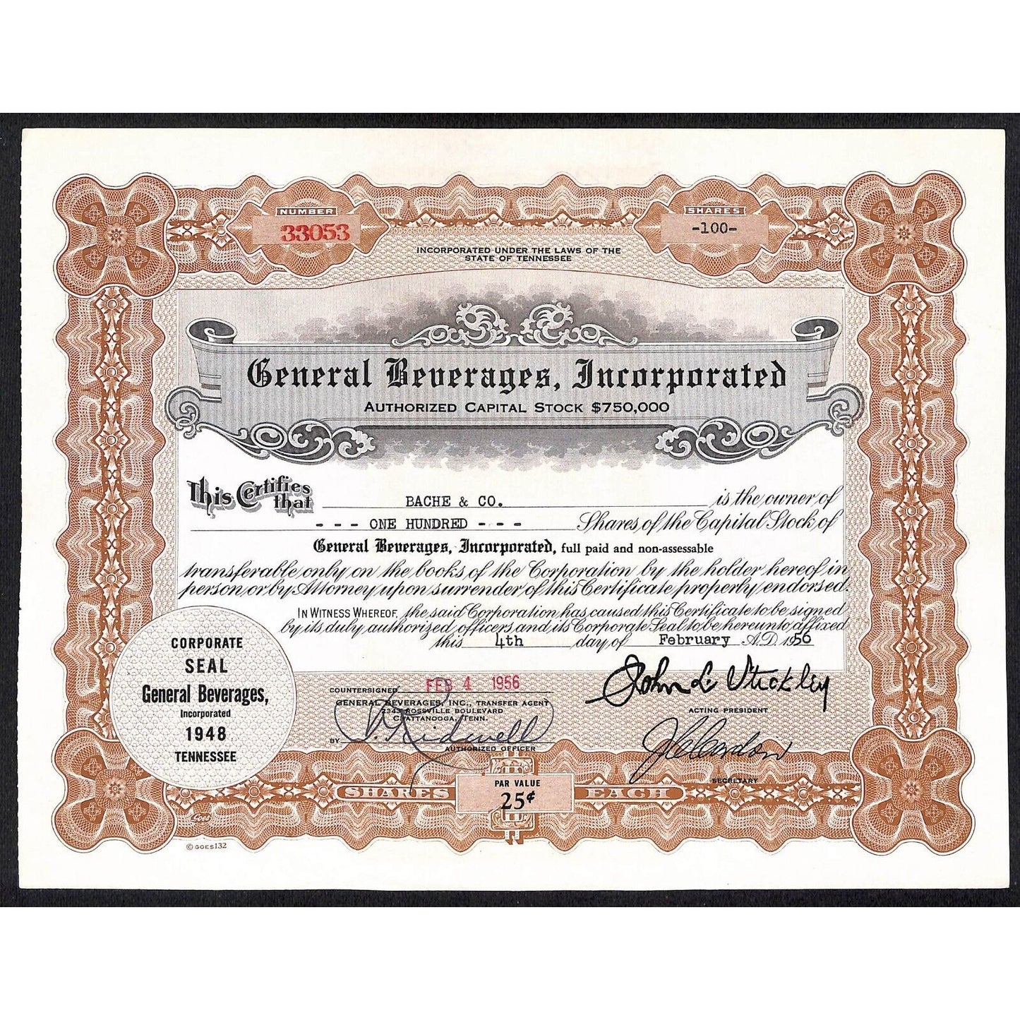 General Beverages, Inc.* Tennessee 1956 Stock Certificate Bache & Co #33053