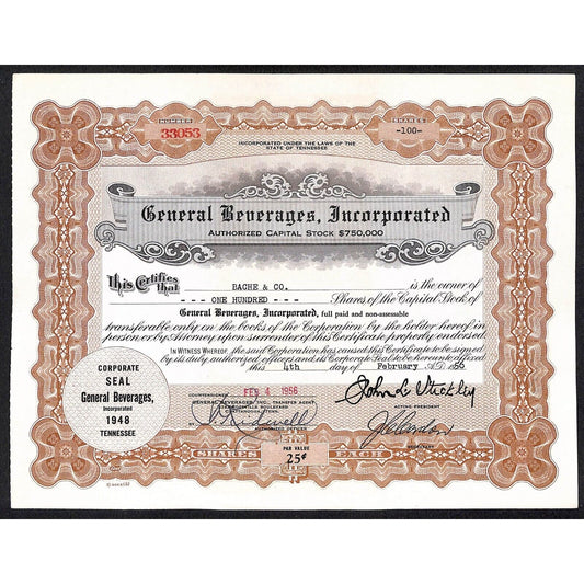 General Beverages, Inc.* Tennessee 1956 Stock Certificate Bache & Co #33053