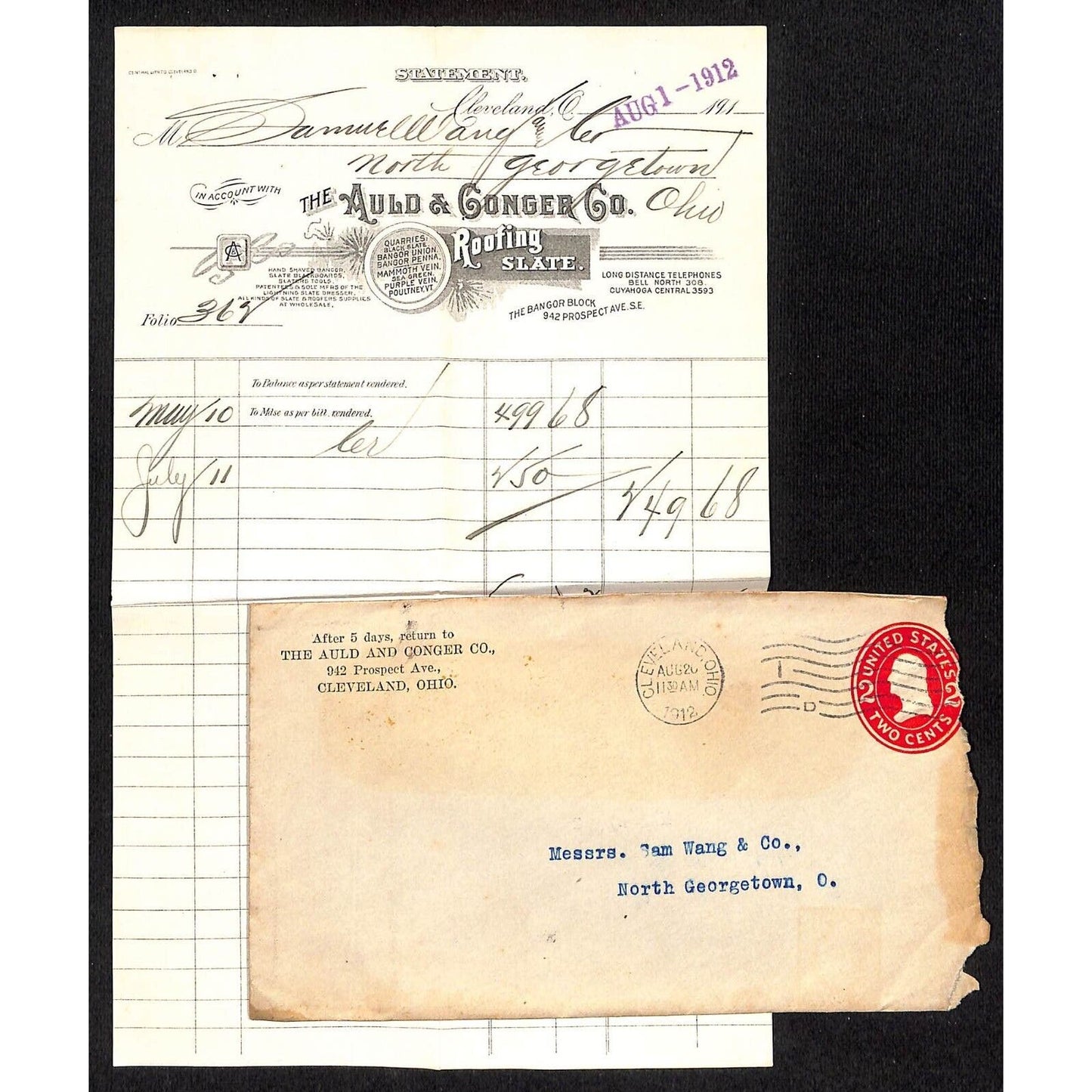 Auld & Conger Co. Clev. / Samuel Wang Co* North Georgetown 1912 Billhead & Cover
